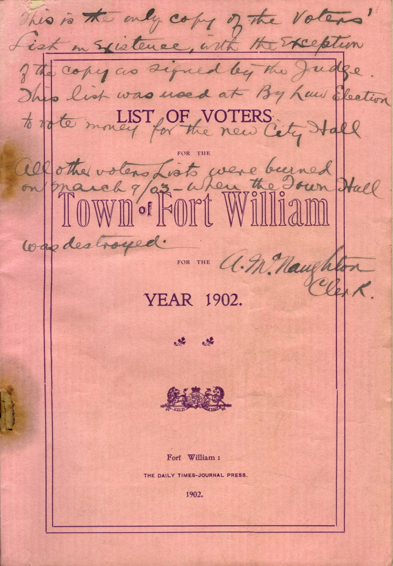 A pink sheet with black typed writing on it detailing voters lists