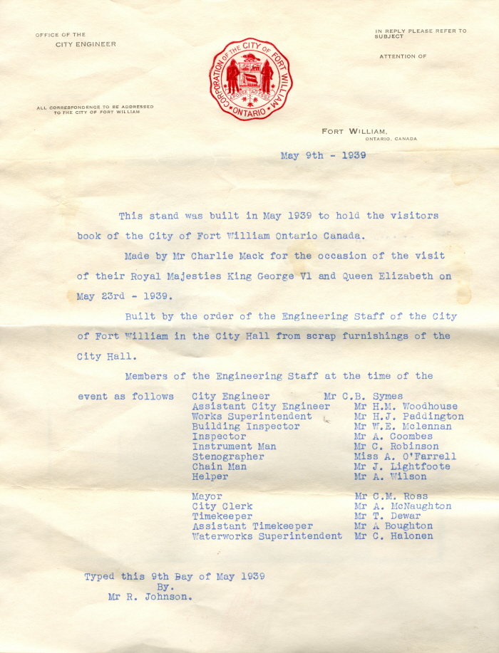 A letter typed in blue ink with a red Fort William City crest at the top
