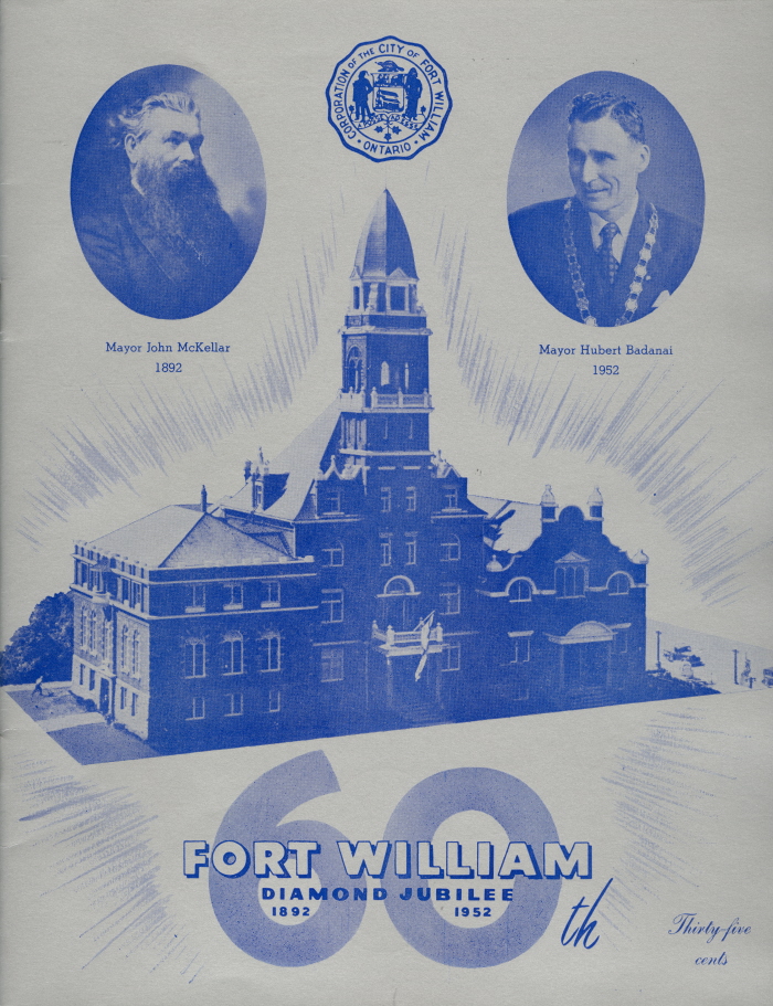 A blue paper with blue text and photos showing portraits of two men and a building