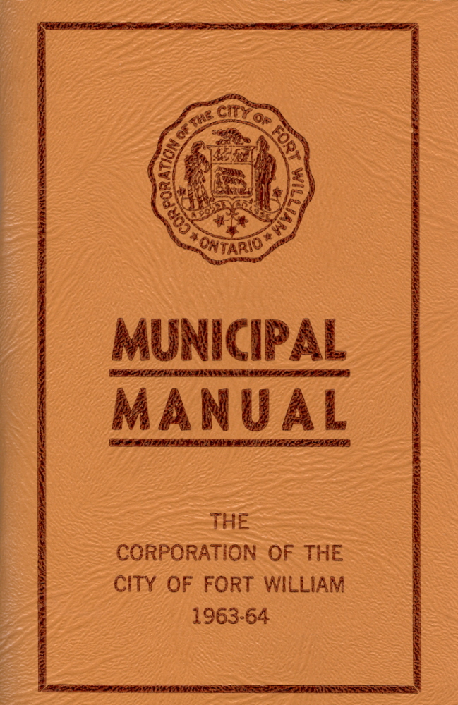 A reddish brown booklet with black type faced writing that reads "Municipal Manual"