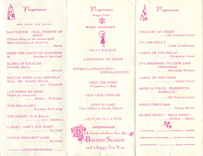 A white booklet with pink writing detailing songs being sung by the male choir