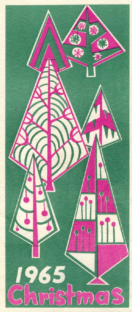 A green cover with a christmas tree detailed in pink 