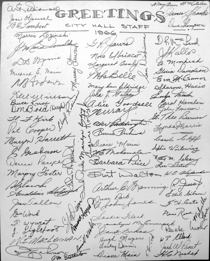 A white piece of paper with greetings at the top hand signed by 88 individuals 