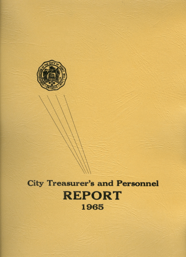 A brown document with black writing on it that reads "City Treasurer's and Personnel Report 1965"
