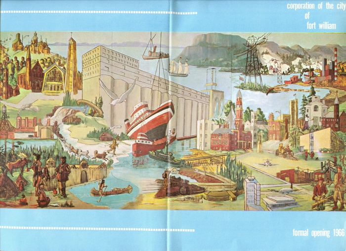 A blue pamphlet with a depiction of various landmarks from around Thunder Bay