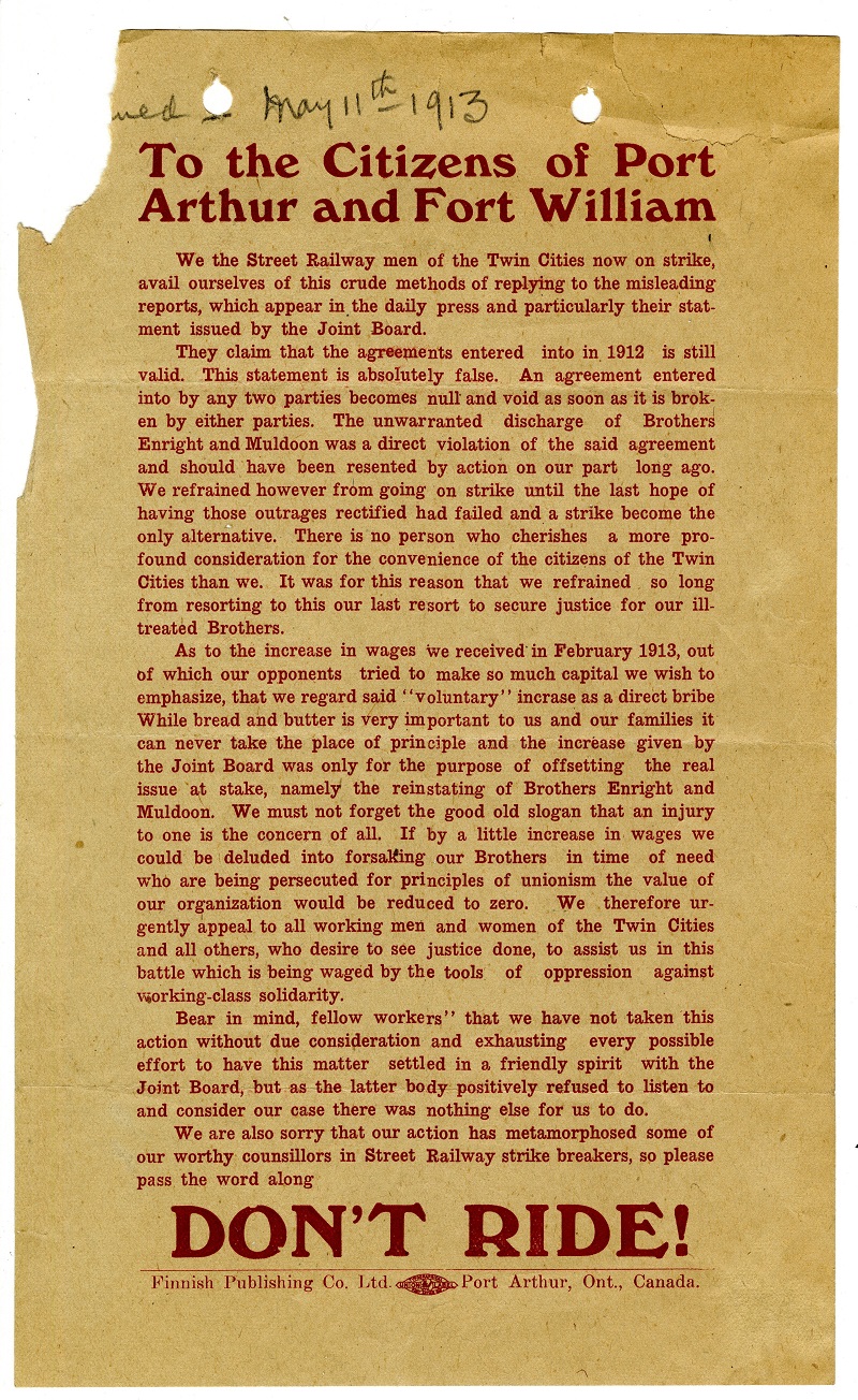 clipping from Finnish newspaper advising citizens not to ride the railway during the strike.