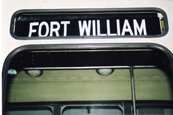 The front end of a bus with the words Fort William above the windsheild