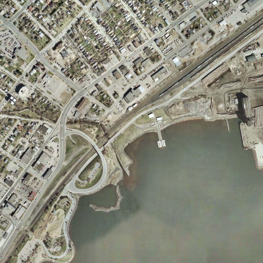 A coloured aerial photo of the waterfront and surrounding area