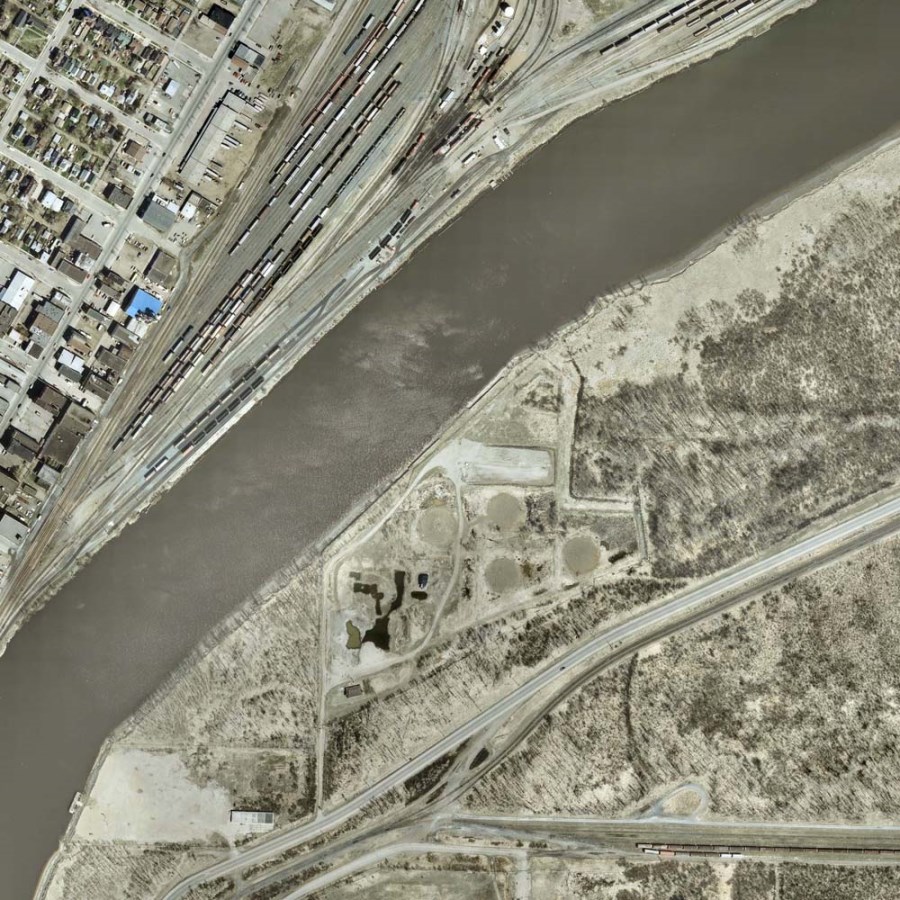 A coloured aerial photograph of the Thunder Bay waterfront