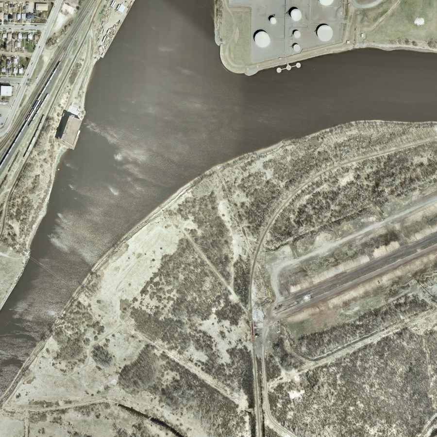 A coloured photo of the waterfront and surrounding area