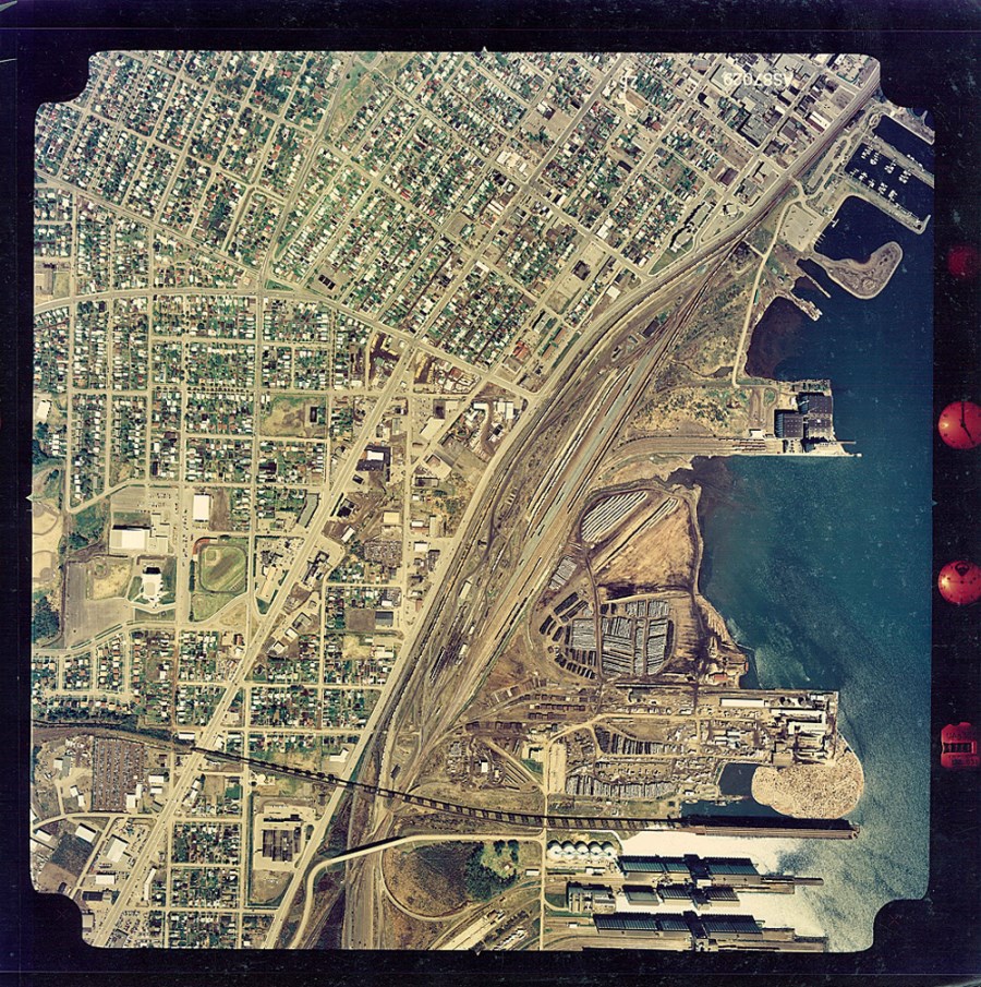 A coloured aerial photograph of the waterfront and surrounding area