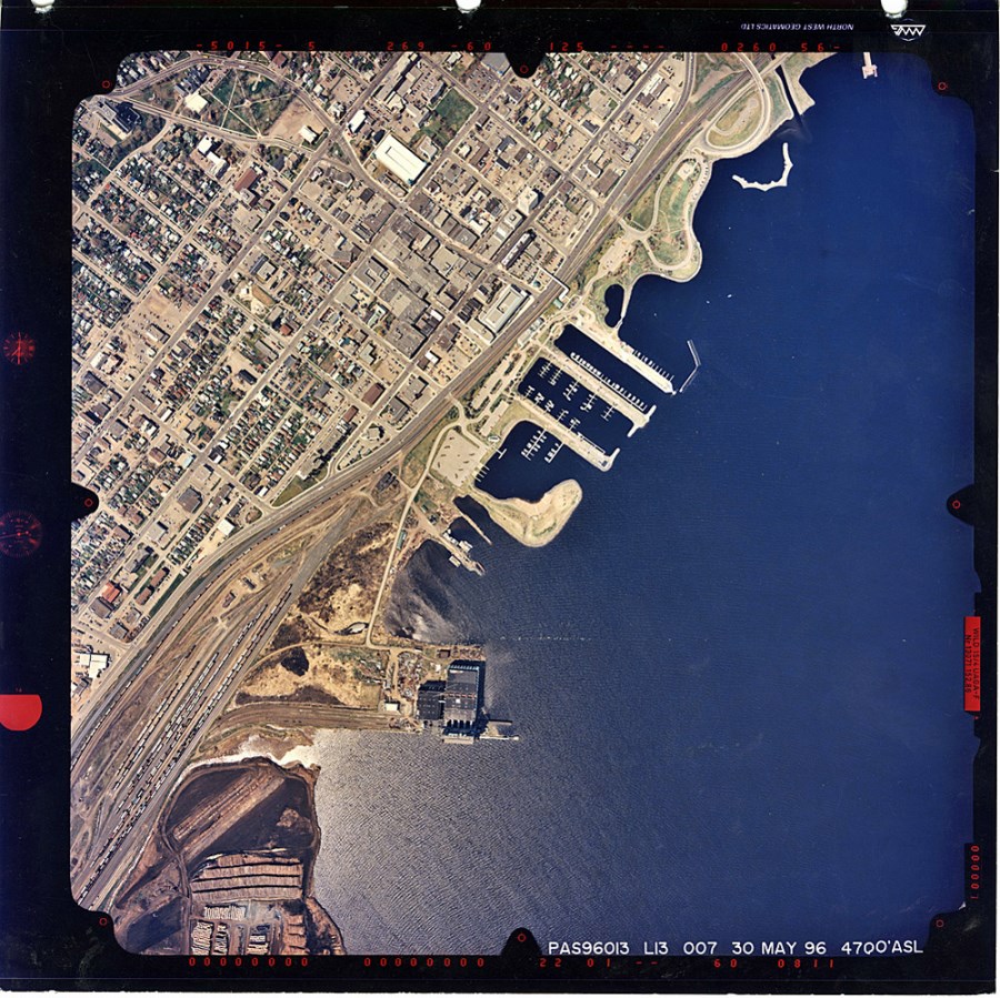 A coloured photo of the Thunder Bay waterfront and surrounding area