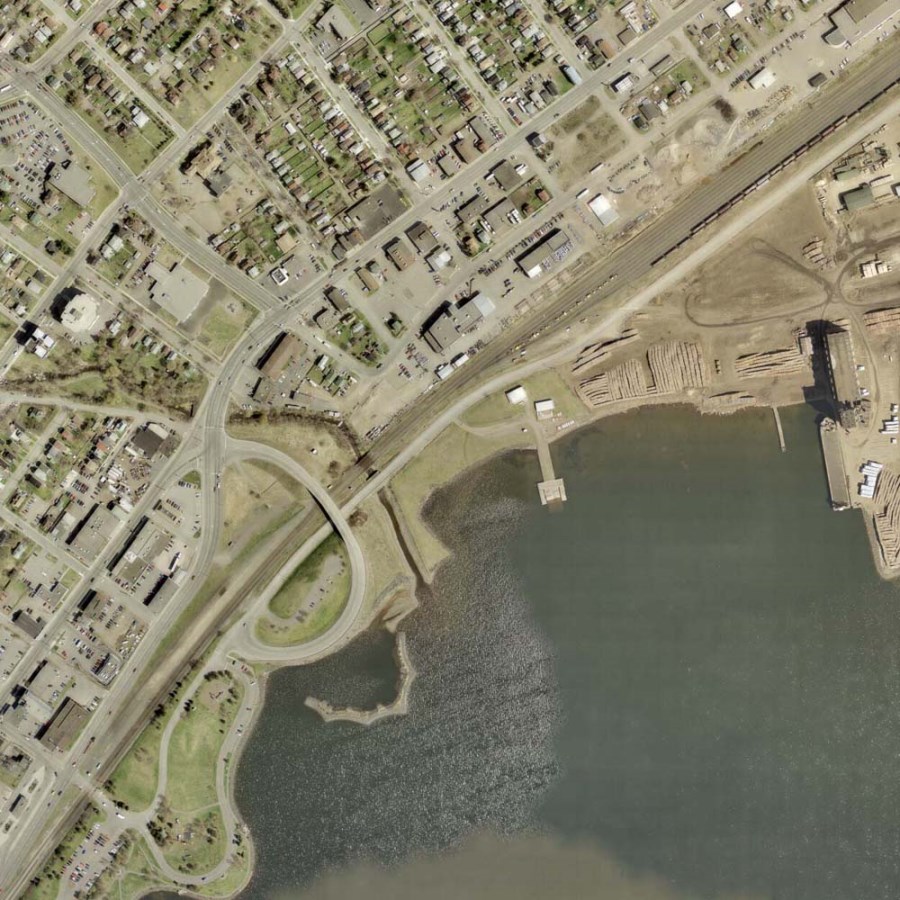 A coloured photograph of the Thunder Bay waterfront and surrounding area