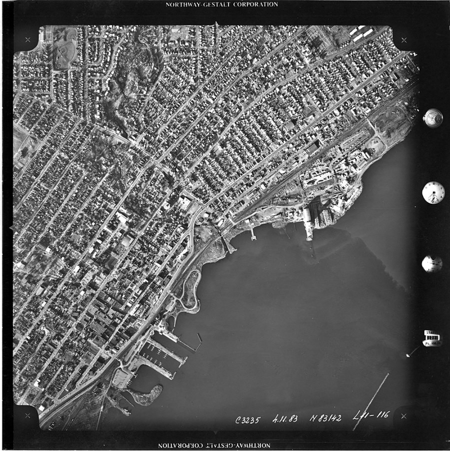 A black and white aerial photograph of the Thunder Bay waterfront 
