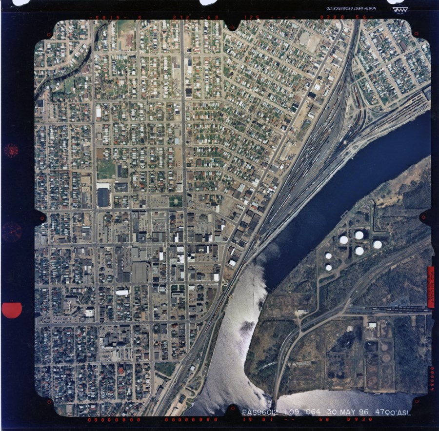 A coloured photo of the Thunder Bay waterfront and surrounding area.