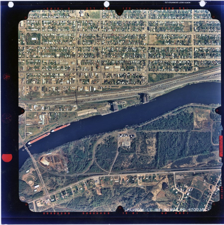 A coloured photograph of the Thunder Bay waterfront and surrounding area
