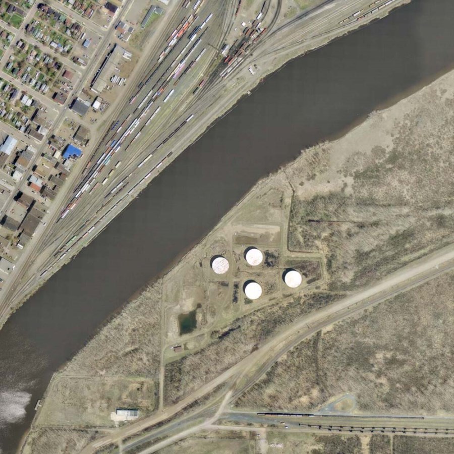 A coloured photograph of the Thunder Bay waterfront and surrounding area