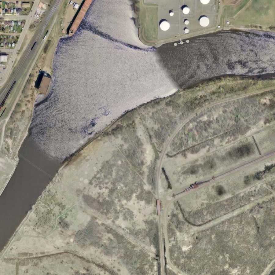 A coloured photo of the Thunder Bay waterfront and surrounding area
