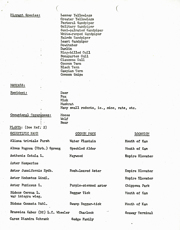 A typed list of flora and fauna on white paper with black ink