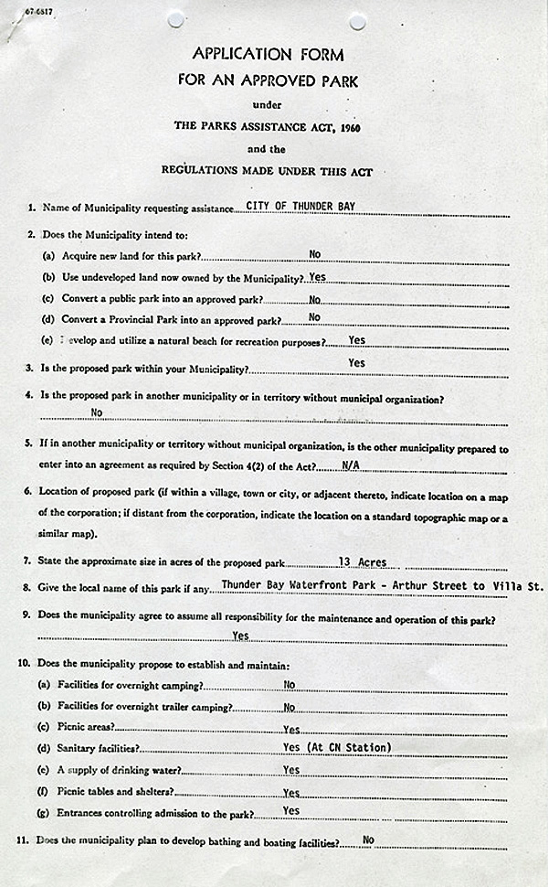 A typed form detailing the application process for Park funding 