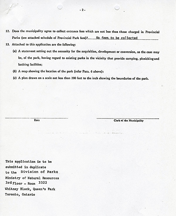 A typed document detailing the process for the application of park funding