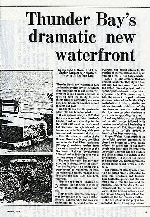 A newspaper article with a photo of the new waterfront park 