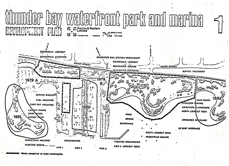 a map of the Thunder Bay waterfront with indicators of development