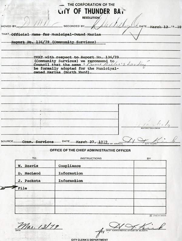 A typed document filled in by hand detailing the name change of the Marina