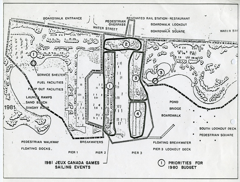 A drawn map of the waterfront including the marina and surrounding area