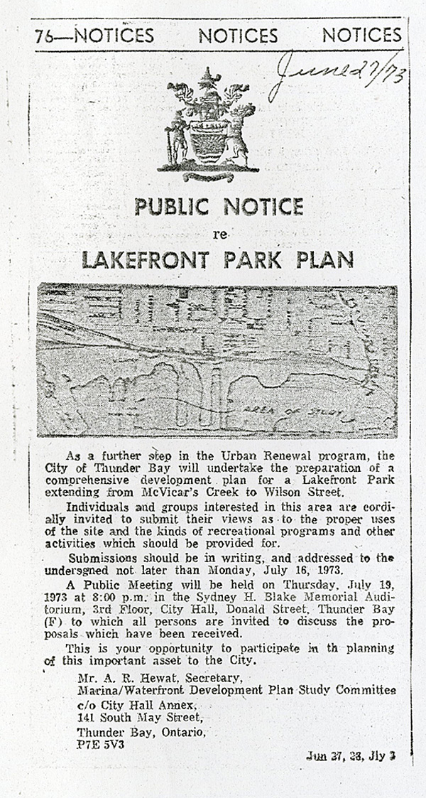 A typed document with the City of Thunder Bay coat of arms at the top
