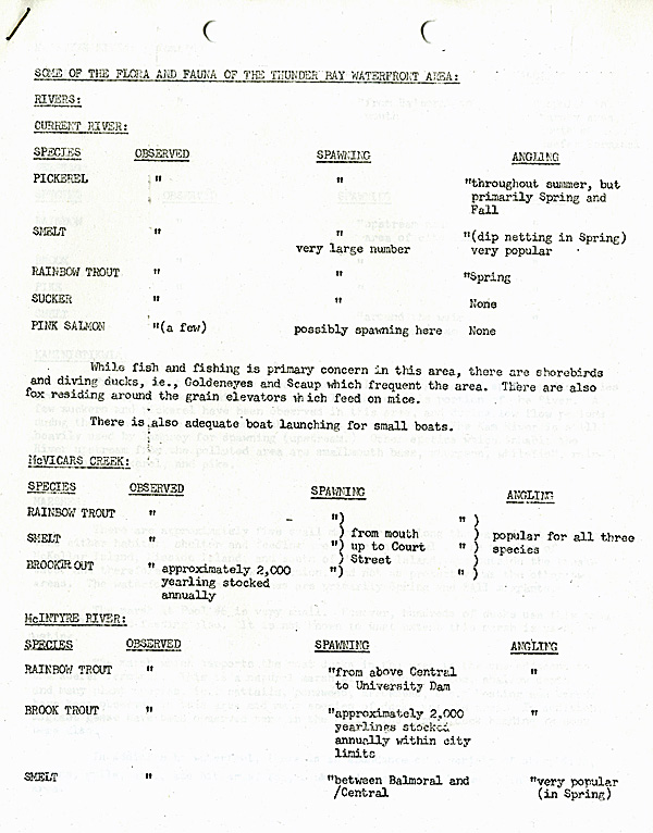 A typed list of flora and fauna on white paper with black ink