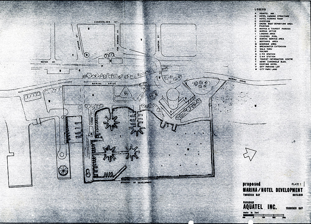 A hand drawn map showing a hotel, four piers and pathways