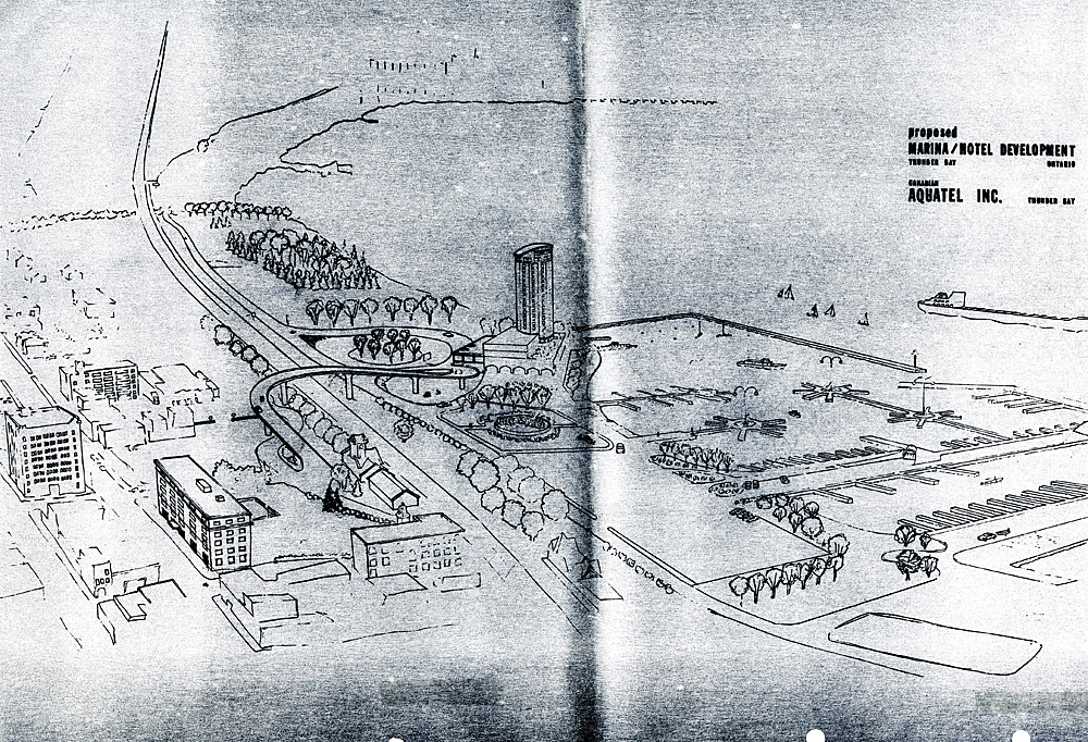 A hand drawn map showing a hotel, four piers and pathways