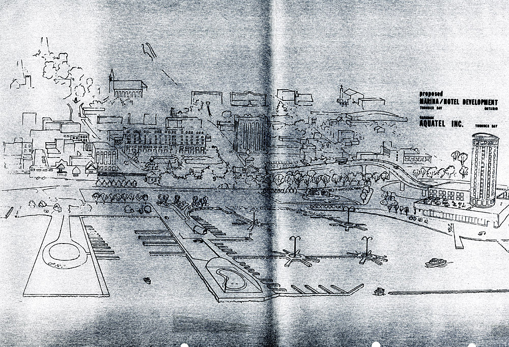 A hand drawn map showing a hotel, four piers and pathways