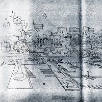 A cut out of a concept map of a harbour with hotel and piers