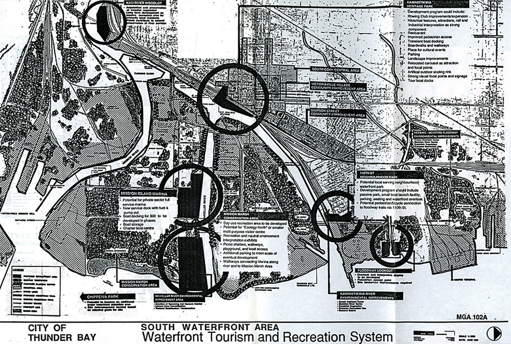 A map of the Thunder Bay waterfront with key locations circled in black