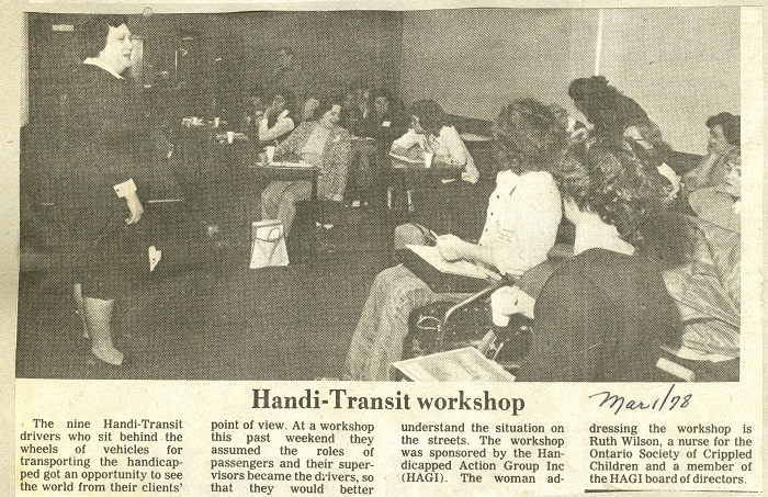 Newspaper article detailing Handi-Transit training workshop sponsored by HAGI
