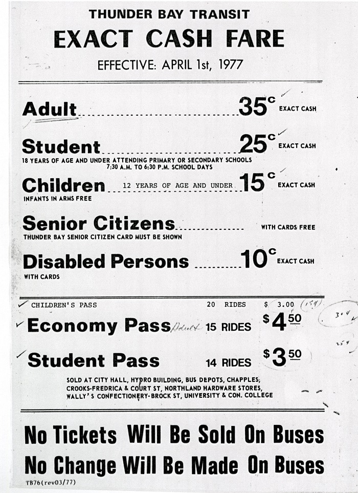  Newspaper advertisement detailing Thunder Bay Transit's introduction of exact cash fare in 1977.
