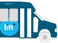 a drawing of a blue bus with a lift sign on the side