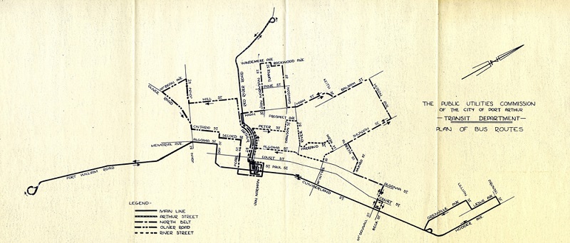 A hand drawn plan of the City of Port Arthur's transit routes, 1960