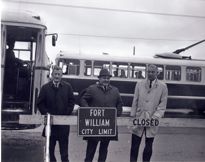 Fort William transit manager Sydney Bishop with Alderman Mickey Hennessy