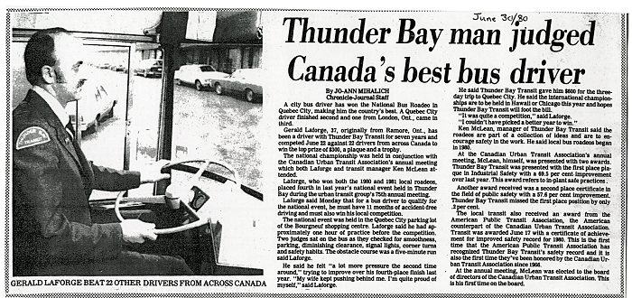 Newspaper article detailing Gerald LaForge's win of the National Bus Roadeo in Quebec City