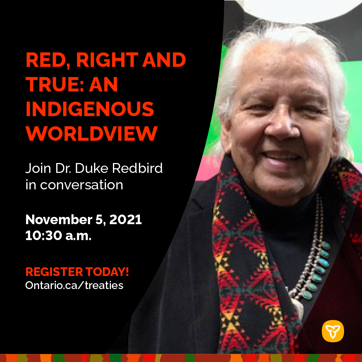 Picture of Red, Right and True: An Indigenous Worldview ad showing a man wearing a scarf