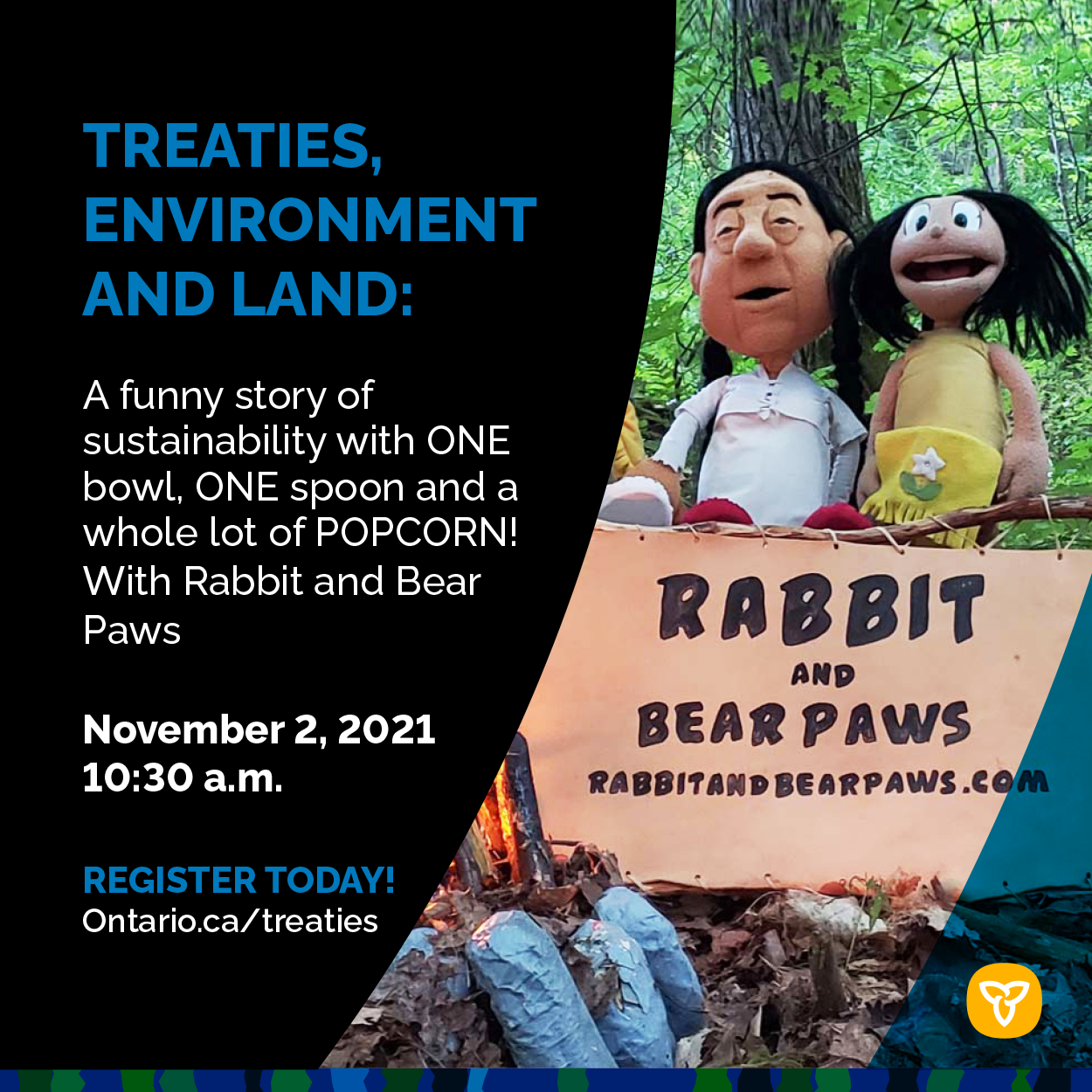 social media ad showing two puppets by a campfire