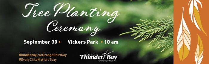 cedar tree with the words "Tree Planting Ceremony" showing time and location