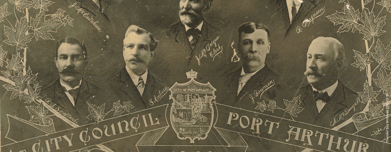 A group portrait of past Port Arthur Mayor and Councillors overlaid with the city crest