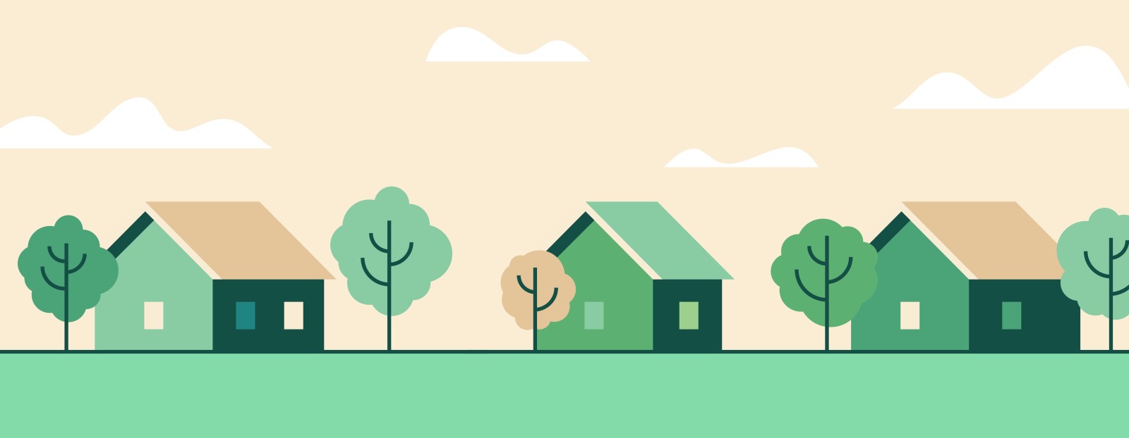 Graphic banner of tiny houses in a neighbourhood