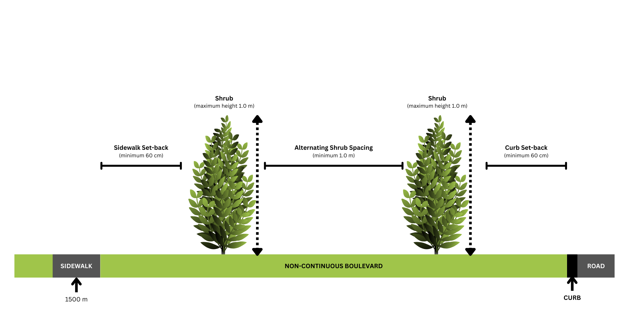 A diagram showing alterating planting of shrubs from a driveway