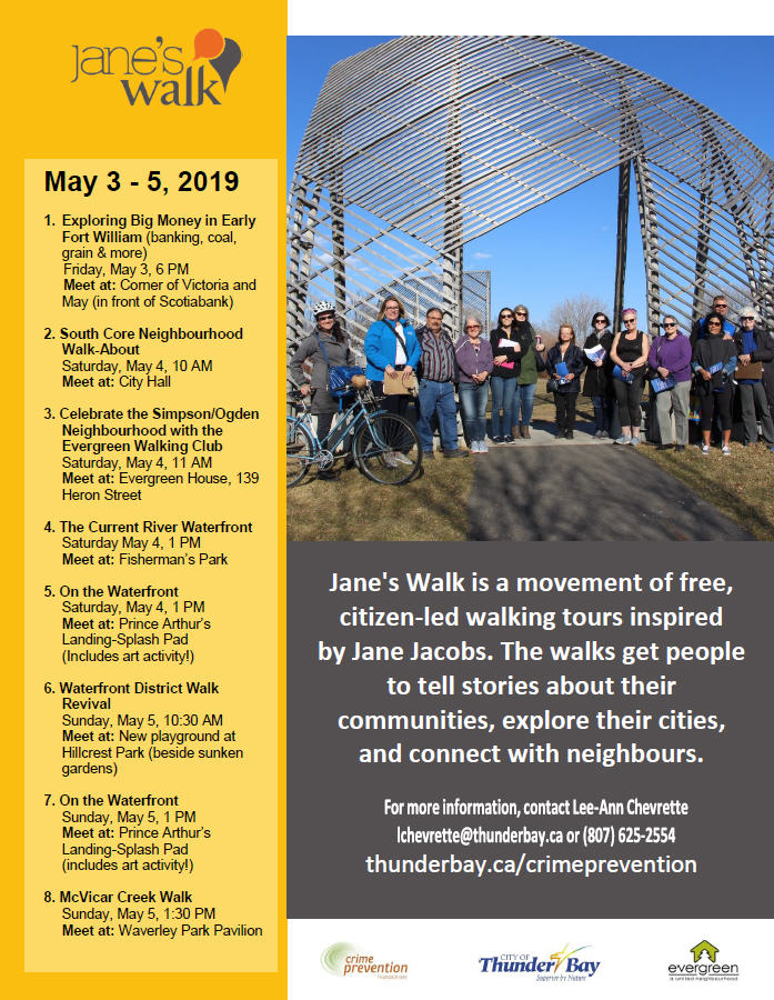 Jane's Walk poster with a group of people standing outside