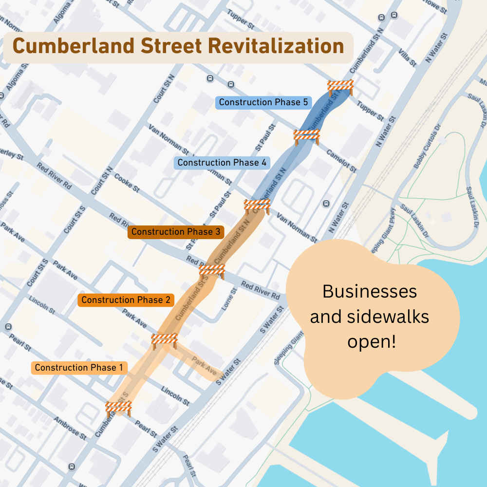 Cumberland Street closure map A map displays the phased plan for closure of Cumberland Street in summer 2026 and 2027